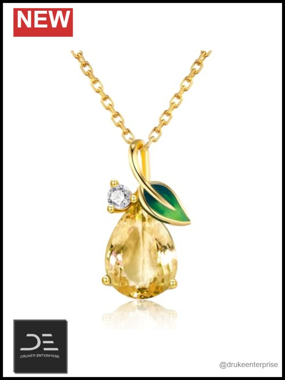 Gold Plated 925 Sterling Silver Leaf Enamel Pendant Necklace Citrine Teardrop